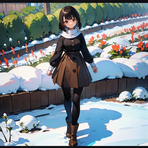 ( High Quality ,  high definition , Very detailed, reality:1.37), Peaceful atmosphere, (Outdoor, garden ,snow),  teenage girl standing alone, Beautiful details,  cute smile, (Black Bob), Ribbed sweater,Brown skirt, Black tights,  brown boots .