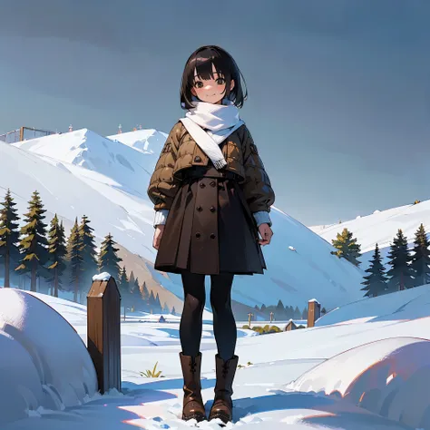 ( High Quality ,  high definition , Very detailed, reality:1.37), Peaceful atmosphere, (Outdoor, garden ,snow),  teenage girl standing alone, Beautiful details,  cute smile, (Black Bob), Ribbed sweater,Brown skirt, Black tights,  brown boots .