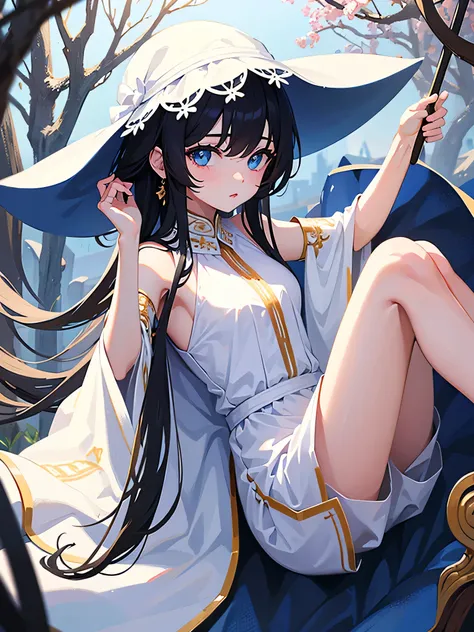 1girl, modest white ancient Greek dress, black hair and blue eyes, innocent appearance