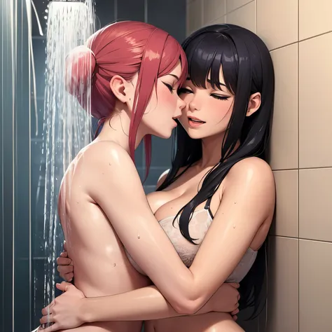 Two women passionately making out with each other inside the shower, theyre wet, pinned against a wall, hugging tight, very passionate