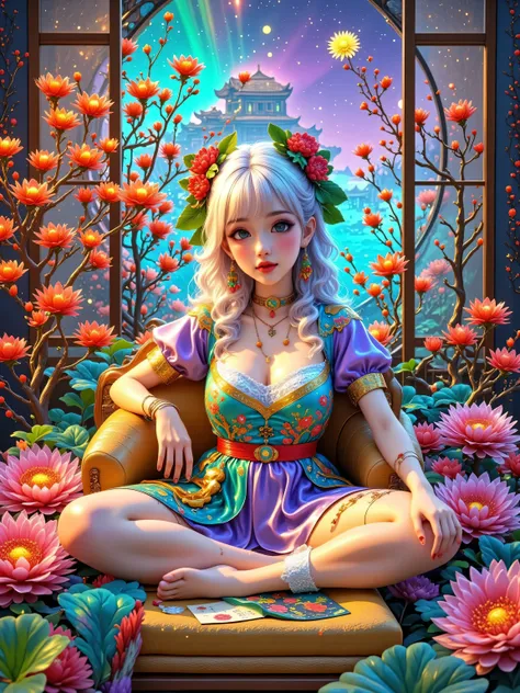 illustrated by Guo Chao style, poster design, in the style of psychedelic color schemes, hyper-detailed illustrations, 16k, a painting of a pagoda in the evening, in the style of graphic design-inspired illustrations, circular shapes detailed botanical il...