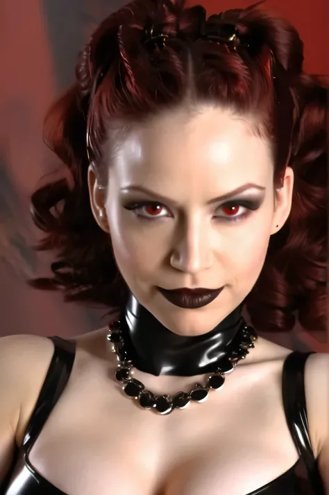 close up portrait photo of bncbchmp ,  very evil smile, very dark eye shadow, bright glowing red eyes, extra dark makeup, dull dark chocolate brown lipstick, very pale skin,  scared, action pose, facing viewer, accurate lighting, wearing black latex outfit...