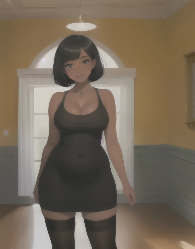 Toot,grey skin,short hair,plump black eyes,black hair,
smile,
black thigh highs,short black dress,sleeveless,cleavage,
Full body,
house,indoors,yellow walls,
(insanely detailed, beautiful detailed face, masterpiece, best quality),
