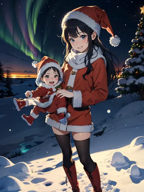 A masterpiece, top quality, high image quality,( super flat , Flat Shading ), fisheye lens, Beautiful Petite Trained Young Mother and Her Cute Little Trained Daughter:1.25, warm scarf , Santa Claus costume , Christmas Anime Style Costume ,(naked),...