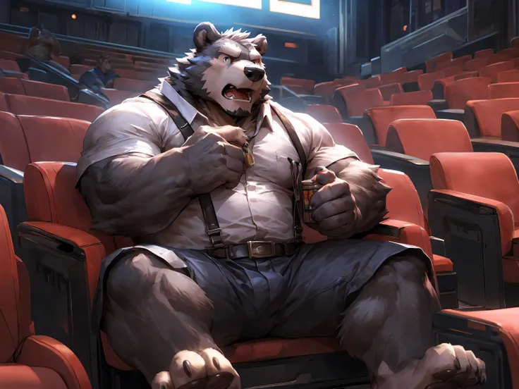 gray bear, in movie theater, paw pads details, surprised expression, frightened and scared, screaming, nervous, yellow suspenders, Covering his mouth with a hand in surprise, Sitting in a movie theater seat, masterpiece, (16K), HD, Various facial details, ...