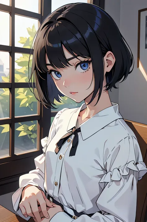 2024/12/06 06 :59: 02 
Masterpiece , high detail, A  girl,  Baby Face , Suzu ichinose , beautiful, slim, small,  short black hair,  blue eyes , eyelashes,  white skin ,  flat chest , long sleeve blouse,  black blouse with white sleeves,  next to the window...