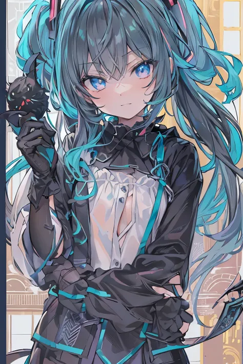 hatune miku, darkside, cool, chiaroscuro, full body, Girls Front, macro shot, hand up, incredibly detailed, detailed black hair, evil grin, furrowed brow, glowing blue eyes, closed mouth, bare arms, blue eye, black footwear, Black markings print cloth, bla...