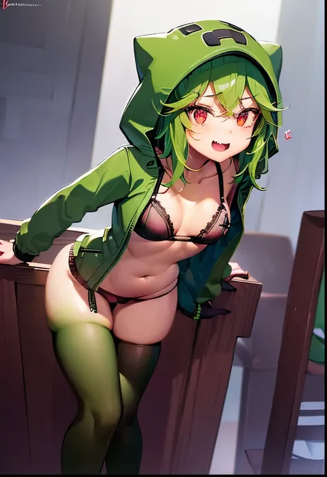 (masterpiece,highest quality,ultra high resolution),(iisubaru, short green hair, hood up, red eyes, creeper hood, young body, 16 old, girl, exposed belly, navel shown, laughing, happy, collarbone, hoodie, hooded jacket, multicolored green jacket, long slee...