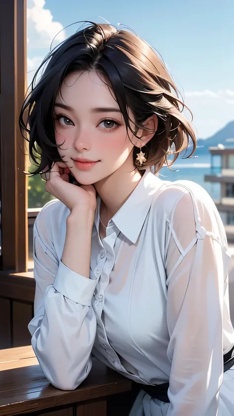 (8k,  top quality, masterpiece:1.2), ( realistic , photo- realistic :1.37),  ultra detail,(((  1 girl))),Alone, beautiful detailed sky ,Detailed Cafe,  knight , sitting,Date,( Nose Blush ),(smile:1.15),(  closed mouse) small breasts, beautiful detailed eye...