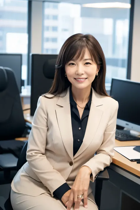 50-year-old woman in suit 、 sitting in office、smile