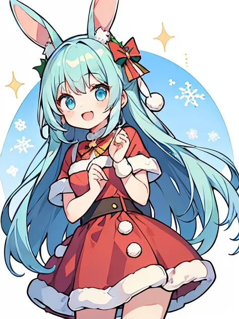  girl,  full color, 一人の girl,  long hair,  viewers who stop at the edge,  open mouth smile holding a bag, 輝く瞳,  cute pose ,  sparkling eyes , front shot ,whole body,Bunny ears, bunny,  blue hair,  cute pose ,  Christmas