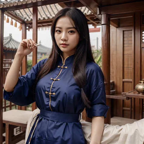 solo, chinese woman name "Qi Yue An", use mascara, long hair, ((breast cleavage:0.4)), upper body, beautiful cloth, outdoor