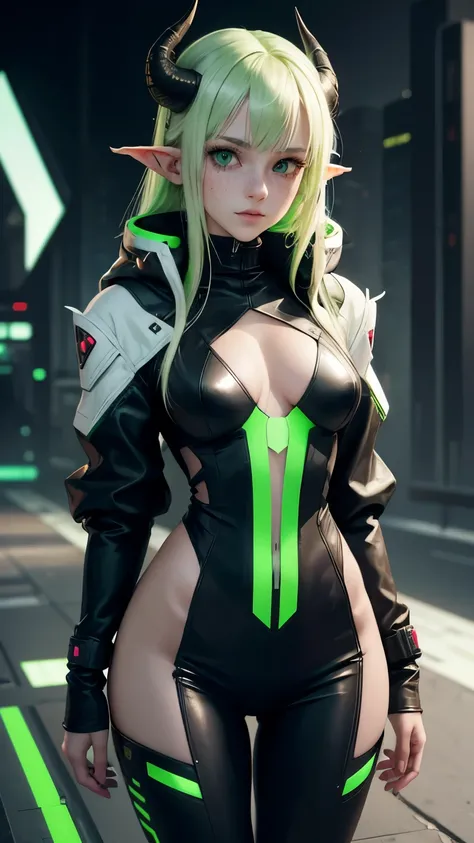 young adult female, looking at the camera, white medium  hair with green highlights, wearing a cyberpunk coat over a tight black bodysuit, flat chest, friendly expression, pale skin with freckles, green eyes, with big dragonic horns, pointy ears. anime art...