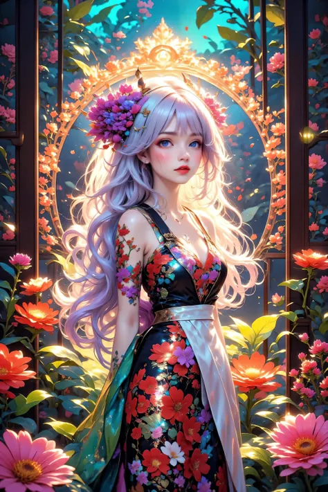 illustrated by Guo Chao style, poster design, in the style of psychedelic color schemes, hyper-detailed illustrations, 16k, a painting of a pagoda in the evening, in the style of graphic design-inspired illustrations, circular shapes detailed botanical il...