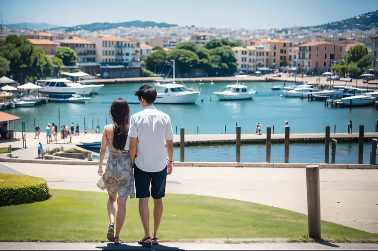 photograph, Max Image,Vision,Composition from behind, back view,summer,Port town,Nice cityscape , couples after insertion,Stylish,noon, Japanese woman with a viewing angle of, long hair, slender , Japanese man,Short Hair,30th Generation