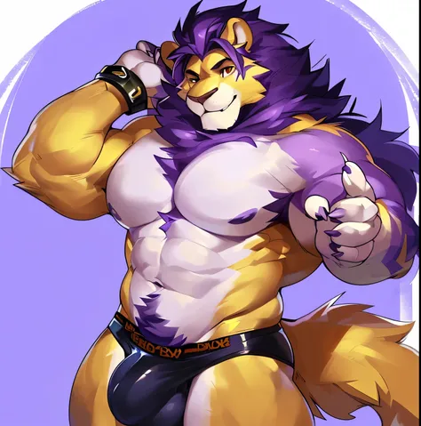 Solo, anthro, male (((lion, brown eyes, brown iris, black pupil, muscular, abs, big muscles, lavender body, purple body, lavender fur, dark purple hair, fluffy hair, long hair, mane, body marking, facial markings, dark lavender markings, clawed hands, whit...