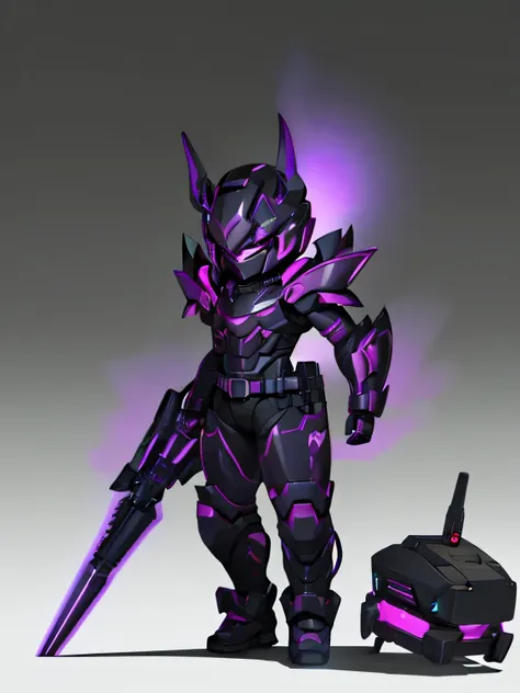 Demon, speed armor, mini armor, technology background, Twilight Coven color, dark black purple cool cyborg, armor weapon, sci-fi armor, mini drone, chibi