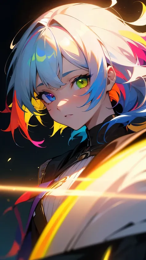 {{masterpiece}},  top quality,  Highly Detailed CG Unity 8K Wallpaper,  Cinematic Lighting,  lens flare,  eyes with beautiful details , black,  Sideways glance,   multicolor hair,  colorful  light, particle,  heterochromia, ( colorful :1.5), ( colorful  ha...