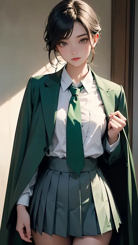 masterpiece,  top quality,  1 girl, Alone, Nahida_genshin,  Cross Eyelet,  school uniform,  green tie,  blazer,   pleated skirt  ,  green cape,  is standing  