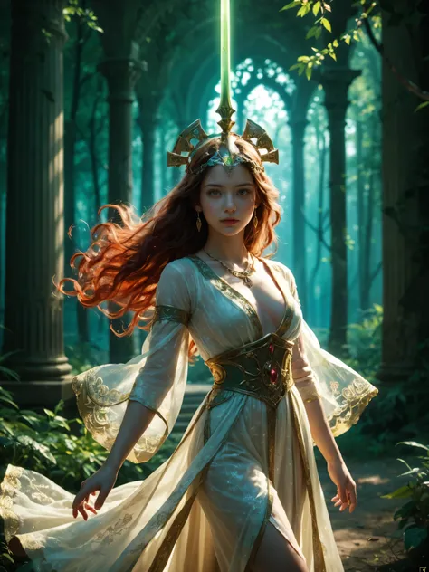 girl, (young, early teen, cute:1.8), intricate ornamented sword, flowing robe, see-through robe, breasts, long hair, flowing hair, subtle headpiece, intricate ornate headpiece, necklace, earring, looking at viewer, ethereal aura, forest, cinematic, highly ...