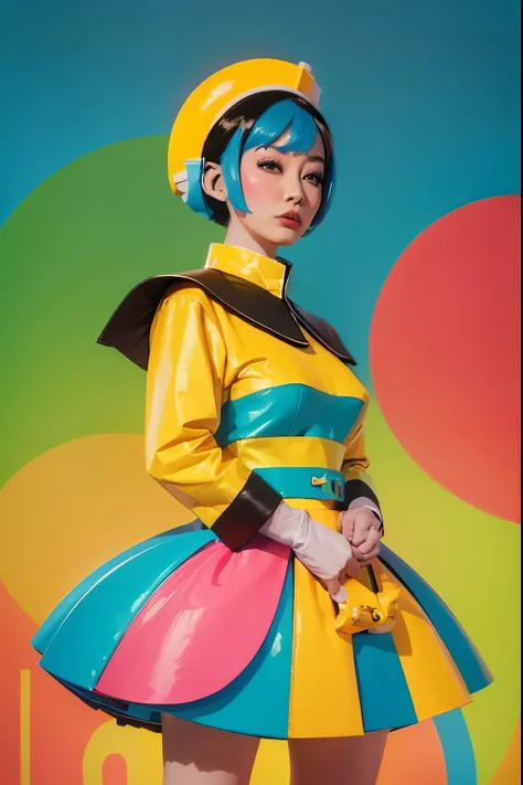 arafed image of a woman with a colorful shirt and skirt, a pop art painting inspired by Gao Cen, trending on cg society, de stijl, fine art fashion magazine style, colorful fashion, fine art fashion photography, chiho aoshima color scheme, primary colours,...