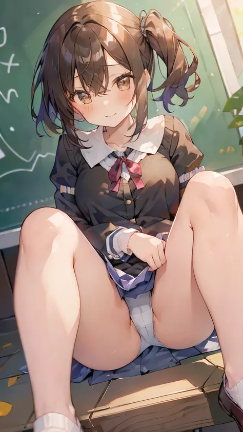 (Elementary school girl:1.3)、(ashen Hair:1.2)、ponytail、Laughter、((Femme fatale、Pervert girl))、(cleavage between breasts:0.3), , (Crouching:1.1), (panties visible:1.2),  Knees closed.