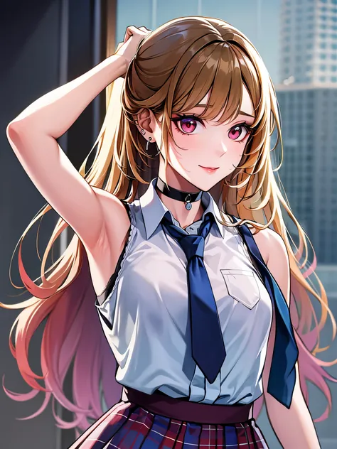  sleeveless, show me her armpits, wet skin,masterpiece,  top quality,  high definition , Mari Kitagawa,  1 girl,  blonde hair ,  long hair, Multicolored Hair, red eyes, gem,  earrings,  piercing above spo,  school uniform,  white shirt,  shirt with tie ,  ...