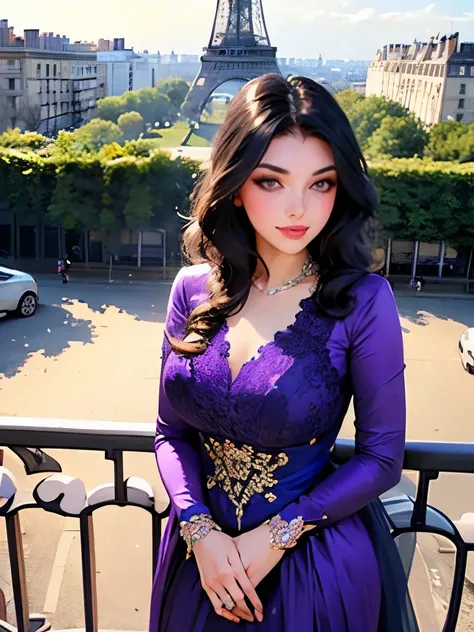 a woman in a purple dress standing on a balcony near the eiffel tower, a photo by Marie Bashkirtseff, trending on cg society, art nouveau, dressed in purple, ( ( konstantin razumov ) ), draped in purple, konstantin razumov, purple dress, garbed in a purple...