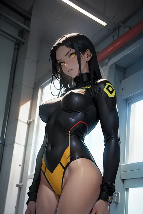 1 girl, black hair, yellow eyes, very long hair, pale skin, fit body, slender body, slim waist, large breasts, (confident expression), pilot suit, thigh gap, bare thighs, show bare legs