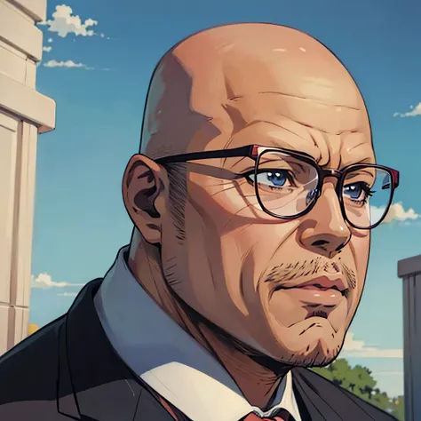 an ((anime art: 1.5)), Highly detailed, Masterpiece,there is a man with glasses and a suit and tie, wearing a suit and glasses, short beard, bald,