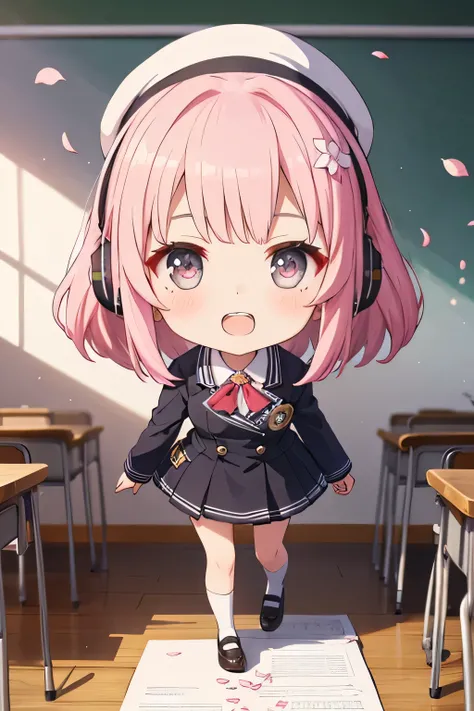 happy girl ( showing teeth), standing, combat pose,  pink hair color, school fund, school fund(classroom), complete anatomy,   graphic effects ,  ornament of a flower-shaped accessory on the head, aura, white cap, notebooks, school supplies , cell phone, E...