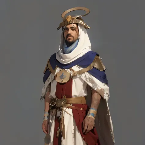 a close up of a man in a white and blue outfit, portrait of bedouin d&d, picture of a male cleric, cleric, concept art of a monk, senior concept artist, rpg concept art character, concept art character, 8k character concept art, rpg character concept art, ...