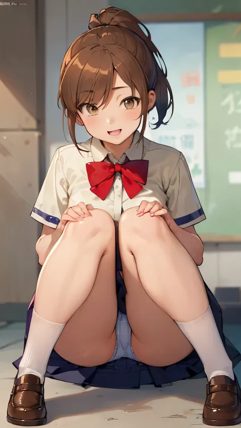 (Elementary school girl:1.3)、(ashen Hair:1.2)、ponytail、Laughter、((Femme fatale、Pervert girl))、(cleavage between breasts:0.3), , (Crouching:1.1), (panties visible:1.2),  (Knees closed),