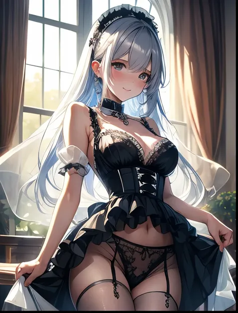 （（（ＳＦＷ、Precision、Highest quality、A first-class masterpiece、Normal body、8k、  Detailed Face 、Ultra-precision、 Normal hand、５refer to、Highest）））、 pretty silver haired slave maid beautiful girl、See-through super mini skirt with white sheer sheer frill panties i...