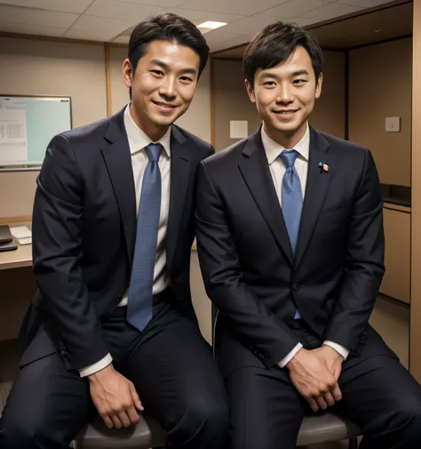 Age 33,Two Men,、 Japanese　 Masuyama Makoto 。 black suit、salaryman、surveillance room、 sit on the chair ,,Muscular , short perm　Smile