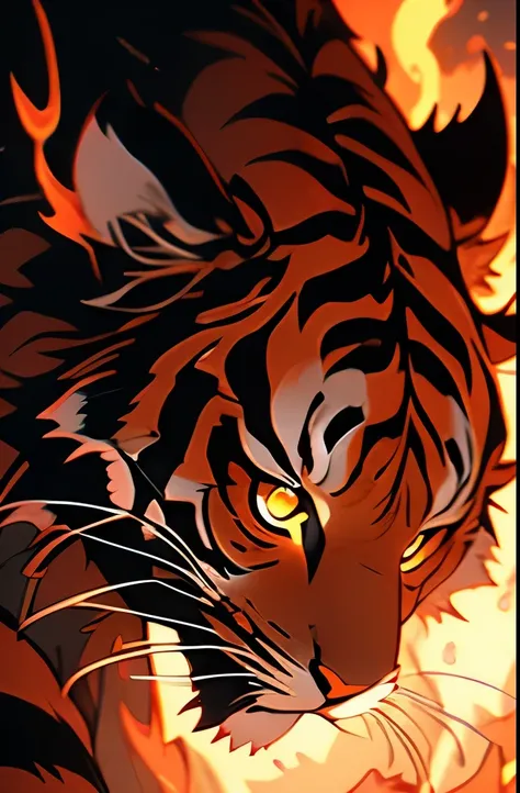 a close up of a tiger with flames on its face, digital art by Adam Marczyński, reddit, digital art, tiger_beast, tiger of fire flying, ((tiger)), fire lion, profile pic, fires!! hyperrealistic, engulfed in flames, fire eyes, tiger, coloured in orange fire,...