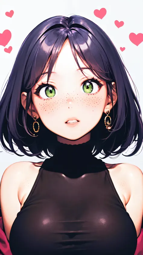 (masterpiece, highres, high resolution:1.2), anime 20 yo girl, portrait, shoulders up, illustration. drawn, violet hair, asian girl, green eyes, blushing, solo, surprised, freckles, big lips, huge breasts, perfect body, wearing a tight crop top, no hands.