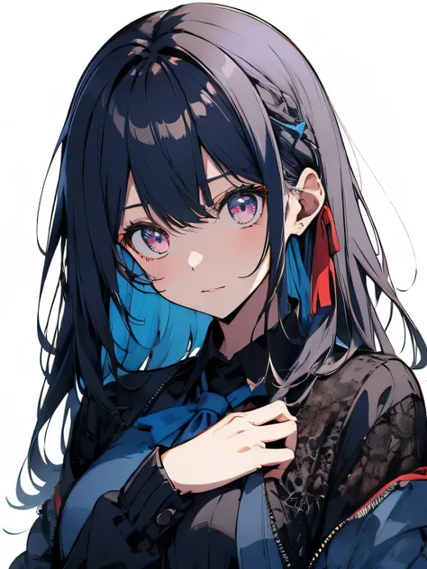            Absurd,            high resolution        ,            very detailed,
,     depicts a black and white world,            teeth black            ,     Represents      blue hair    ,        semi-long、    With ribbon， rest of hair hanging down teeth...