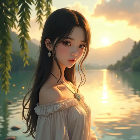 1 girl, serene expression, mesmerizing eyes, straight long hair, flowing dress, poised posture, porcelain skin, subtle blush, crystal pendant
BREAK
golden hour, (rim lighting):1.2, warm tones, sun flare, soft shadows, vibrant colors, painterly effect, drea...