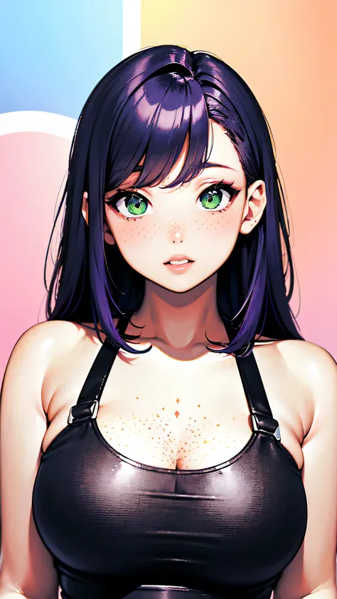 (masterpiece, highres, high resolution:1.2), anime 20 yo girl, portrait, shoulders up, illustration. drawn, violet hair, asian girl, green eyes, blushing, solo, surprised, freckles, big lips, huge breasts, perfect body, wearing a tight crop top, no hands.