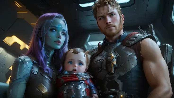 a man and woman holding a baby in a spaceship, from guardians of the galaxy, guardians of the galaxy style, guardians of the galaxy, starring in thor ragnarok film, epic scene from marvel movie,