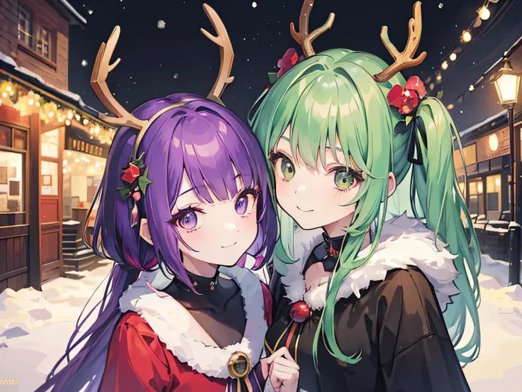 2girls, 1girl, green hair, long hair, deer ears, black eyes, happy, smile, deer costume, 1girl, purple hair,short hair, deer ears, black eyes, calm, light smile, deer costume, village, snow, christmas lights, 