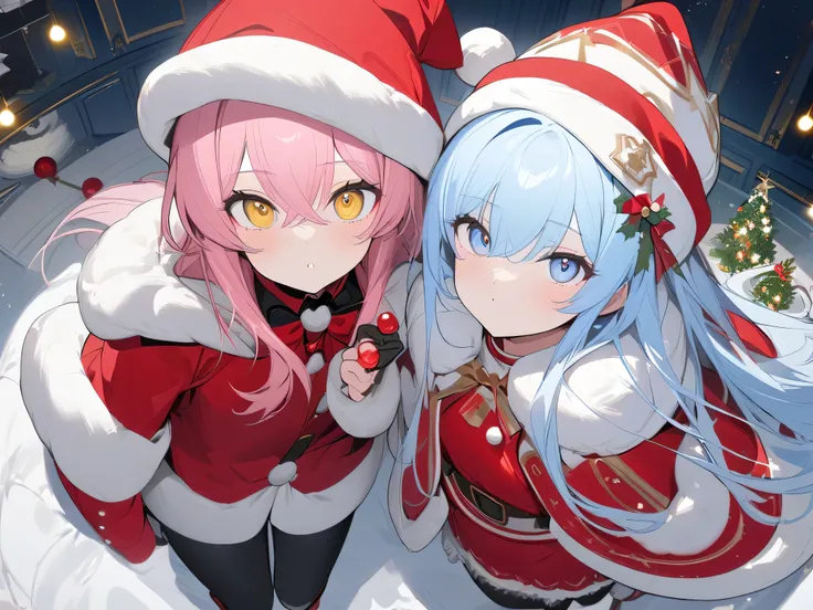 Masterpiece, high resolution, 1girl and 1boy, 1girl, light blue hair, long hair, blue eyes, red eyeshadow, red winter coat, close coat, black jeans, gloves, santa hat, christmas ornaments, holding candy, 1boy, pink hair, yellow eyes, white winter coat, whi...