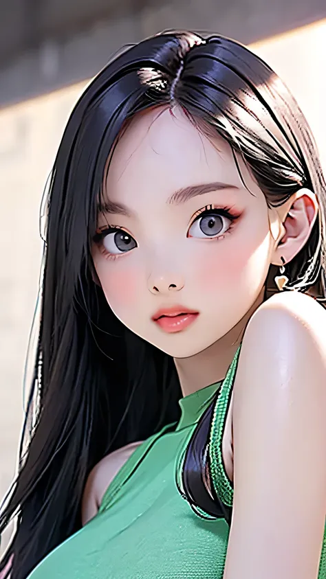 (masterpiece, highres, high resolution:1.2), anime 20 yo girl, portrait, shoulders up, illustration. drawn, violet hair, asian girl, green eyes, blushing, solo, surprised, freckles, big lips, huge breasts, perfect body, wearing a tight crop top, no hands.