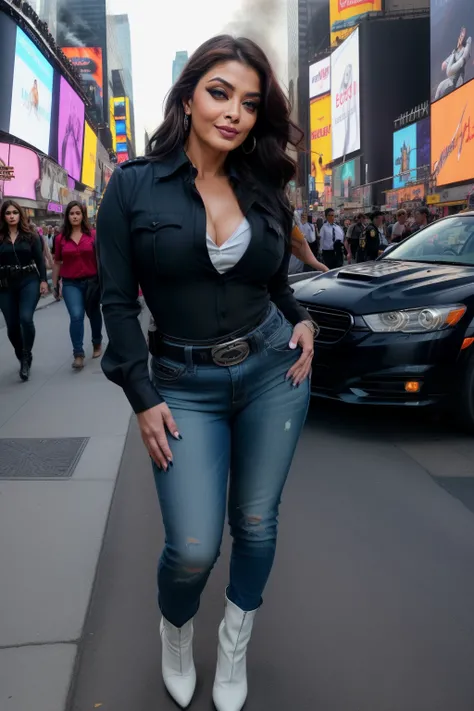 Full body photo of SEXY 45YO MILF AISHWARYA RAI as SEXY HAUGHTY POLICE OFFICER, ((((HEAVY SMOKY EYES MAKEUP WITH FALSE EYELASHES)))), ((FLIRTATIOUS SARDONIC MOCKING SMIRK)), ((TIGHT SKINNY BLACK DENIM POLICE UNIFORM WITH UNBUTTONED ((WHITE SHIRT)))), ((ANK...