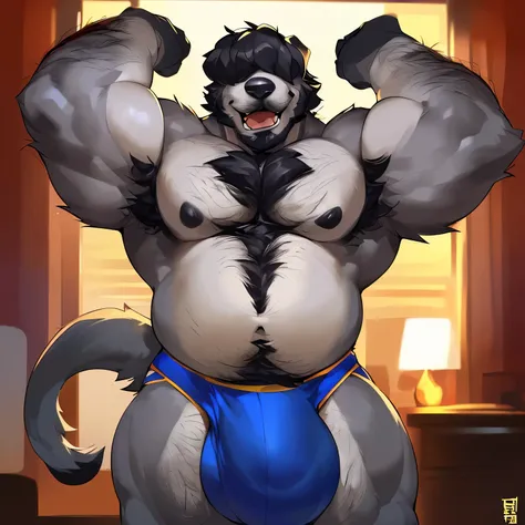 Solo, Anthro, male (((poodle, muscular, broad shoulders, broad shoulders, big muscles, muscle gut, blue eyes, grey body, grey fur, black hair, floppy ears, chest hair, happy trail, mustache, muscular arms, hair over eyes, hairy body, scruffy upper snout, f...