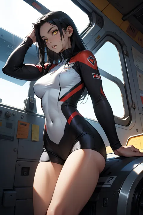 1 girl, black hair, yellow eyes, very long hair, pale skin, fit body, slender body, slim waist, large breasts, (confident expression), pilot suit, thigh gap, bare thighs, show bare legs