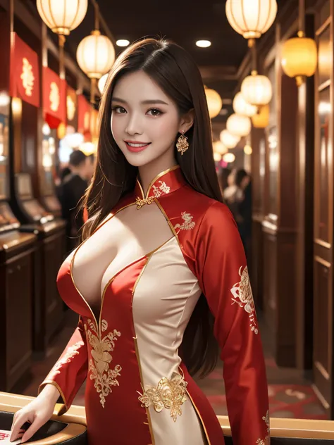 happy, smiling, attract a beautiful moden woman wearing vietnam traditional deep red ao dai tet holiday festival, big breasts, vietnamese traditional outfit, sexy, off-chest top, she is holding cards, dark brown long hair, digital painting, beautiful detai...