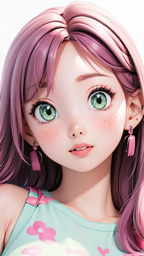 (masterpiece, highres, high resolution:1.2), anime 20 yo girl, portrait, shoulders up, illustration. drawn, violet hair, asian girl, green eyes, blushing, solo, surprised, freckles, big lips, huge breasts, perfect body, wearing a tight crop top, no hands.