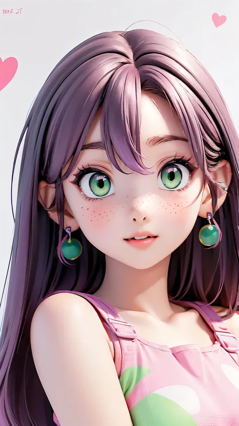 (masterpiece, highres, high resolution:1.2), anime 20 yo girl, portrait, shoulders up, illustration. drawn, violet hair, asian girl, green eyes, blushing, solo, surprised, freckles, big lips, huge breasts, perfect body, wearing a tight crop top, no hands.